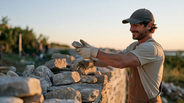 A skilled drystone waller shapes a rustic countryside boundary at twilight blue hour, raw fieldstone arranged in before stage and finished wall after stage side by side,