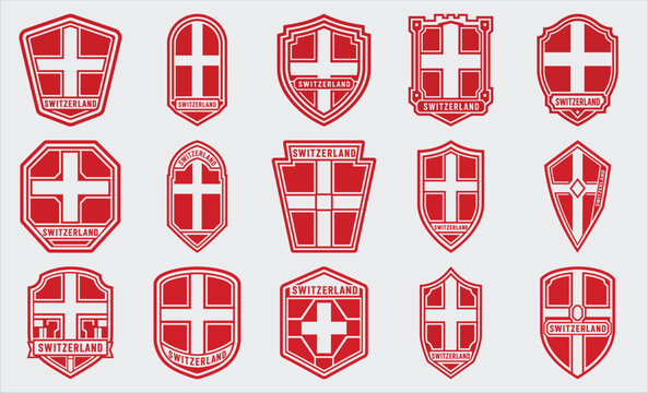 Switzerland flag badge set with white cross shield emblem vector collection