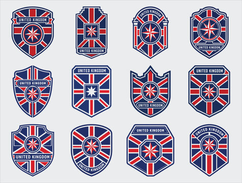 United Kingdom flag badge set with Union Jack shield emblem vector collection