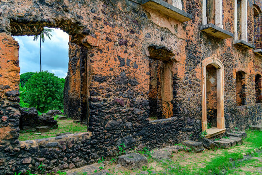 Doors and windows in the historic stone ruins in the city of Alcantara, Maranhao.