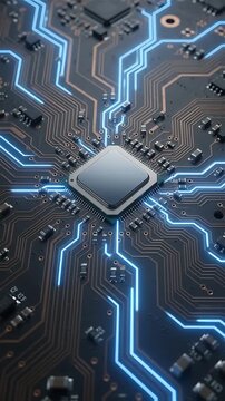 Circuit Board Animation with Glowing Blue Energy Pulses Flowing Through the Complex Pathways and Central Processor.