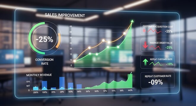 Holographic sales improvement dashboard showing 