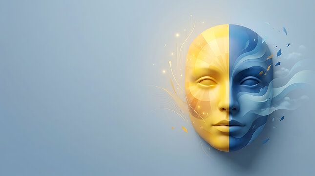 Abstract human face split into sun and water elements representing duality and balance