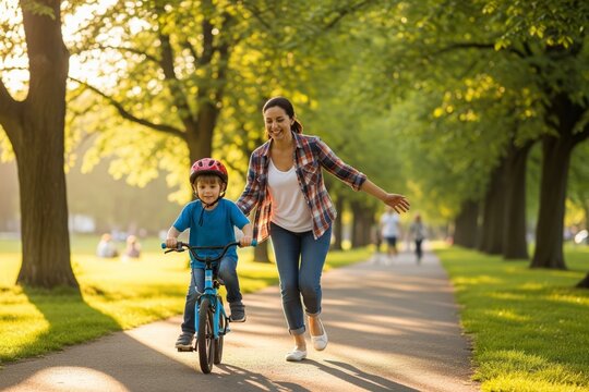 A woman runs along a park path while a young boy rides a bicycle beside her. Family recreation, outdoor fitness, active lifestyle.