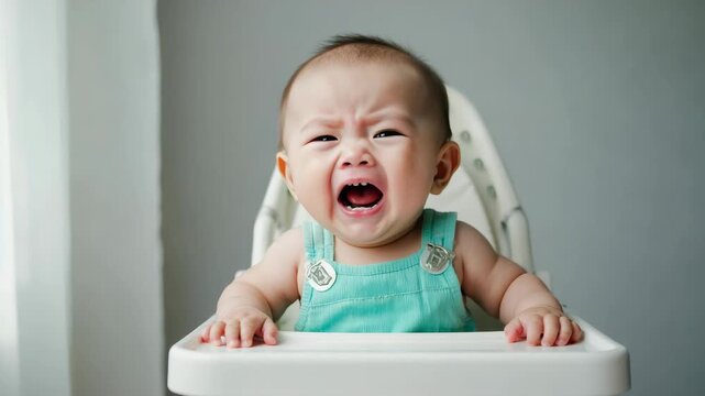 A distraught baby with frowning face, reaching out.