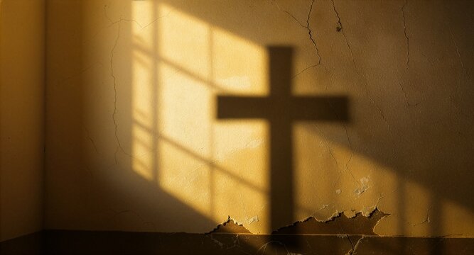 A blurry shadow of a Christian cross cast on a cracked, weathered wall along with window frame light patterns, creating a quiet, spiritual, and contemplative atmosphere of deep faith.