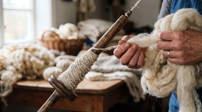 Artisan Hands Spinning Raw Sheep Wool Fiber onto Wooden Spindle Close Up