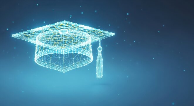 Digital graduation cap made of glowing blue network lines illustration