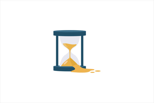 Hourglass leaking gold sand from the bottom. Conceptual vector illustration for wasted time, running out of time, and time loss.