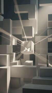Abstract Geometric Structures Shifting and Rotating with Dynamic Light Beams. 3d Animation of Evolving Architectural Forms.