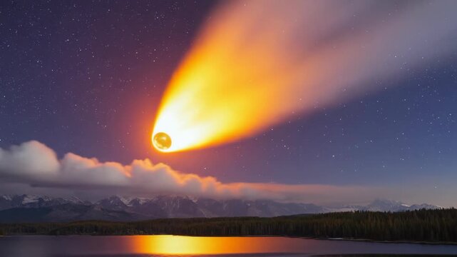 A fiery meteor streaks across the night sky above a serene landscape with mountains and a lake.