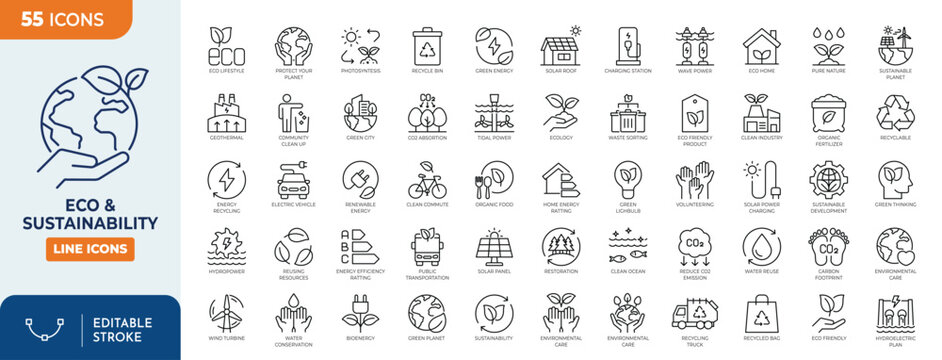 Eco and Environmental Sustainability Icon set. Editable stroke. Vector illustration	
