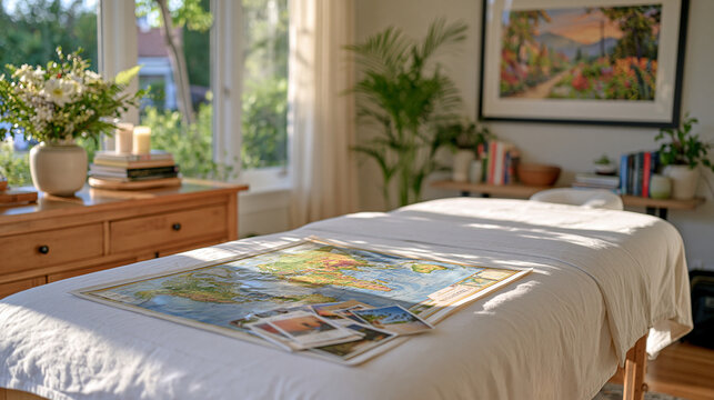 A massage therapist's treatment table in a modest home studio holds a scattered world map, postcards and a half packed travel bag visible in the background, aftermath of a corporate quit decision, a