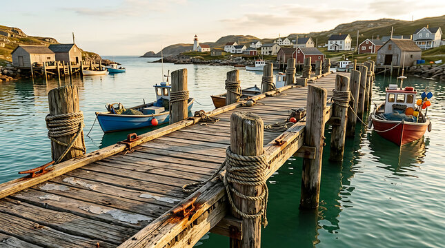 Scenic coastal fishing village with wooden pier, colorful boats, and lighthouse at sunset in newfoundland, canada