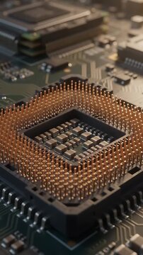 Circuit Board Processor with Glowing Blue Core, Dynamically Rotating and Zooming in for a Detailed Tech Animation.