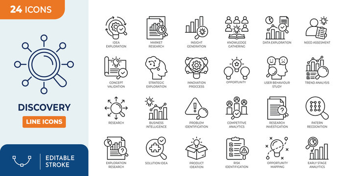 Discovery icon set. Containing discovery, explore, search, find, research, knowledge, brainstorming, exploration, identification, and more. Editable stroke. Vector illustration	

