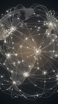 Rotating Globe with Interconnected Network Nodes and Glowing Lines, Showcasing Global Communication and Data Flow.