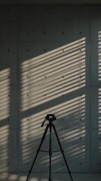 Tripod Moving Across a Textured Wall with Shifting Sunlight Patterns and Shadows. Cinematic Footage of a Studio Setup.