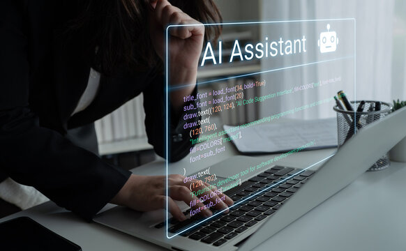 Modern Workspace with Laptop and Artificial Intelligence Assistant Displaying Code on Screen for Productivity Enhancement. Glyphic.