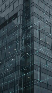 Modern Skyscraper with Animated Digital Lines and Glowing Network Connections. Futuristic Urban Architecture Design.