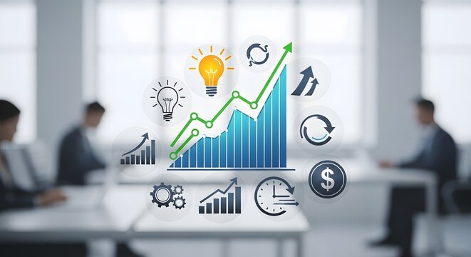 Business growth graph showing upward trend with financial icons and light bulbs for innovation in professional meeting room setting with blurred people working at office desks in background.
