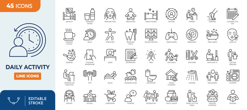 Daily Activity line editable icon set. Containing daily, activity, routine, life, habit, morning, sleep, work, eat, playing, exercising, learning, and more. Vector illustration	

