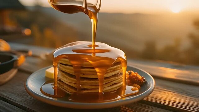 Golden Maple Syrup Pouring Over Stack of Pancakes in Warm Morning Light