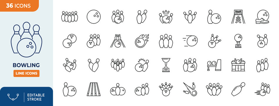Bowling line editable icon set. Vector illustration	
