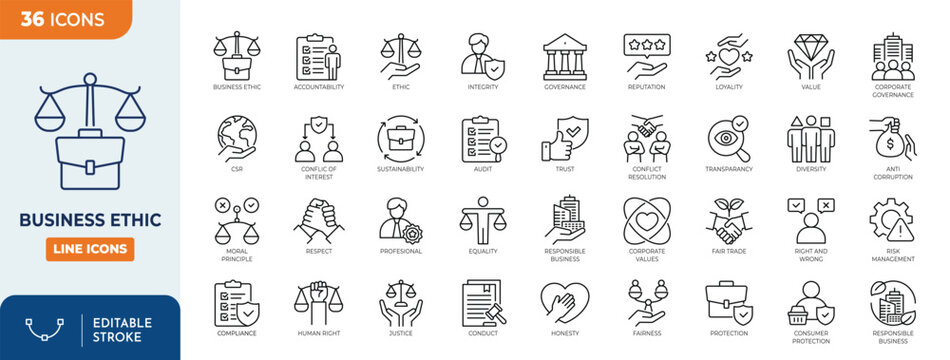 Business Ethic line editable icon set. Containing business, ethic, trust, compliance, integrity, moral, honesty, equality, justice, transparency, fairness, and more. Vector illustration	
