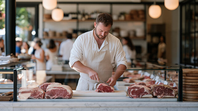 A master butcher in a linen apron works behind a marble counter in an upscale specialty butchery, luxury interior warm lighting illuminating aged cuts on display, artisan meat