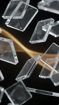 Transparent Cubes Rotating and Falling Against a Blurred Golden Background, Creating a Dynamic Abstract Motion Graphic.