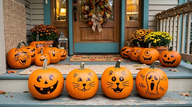 Many carved pumpkins with funny faces arranged on the front porch steps for a happy Halloween home decoration