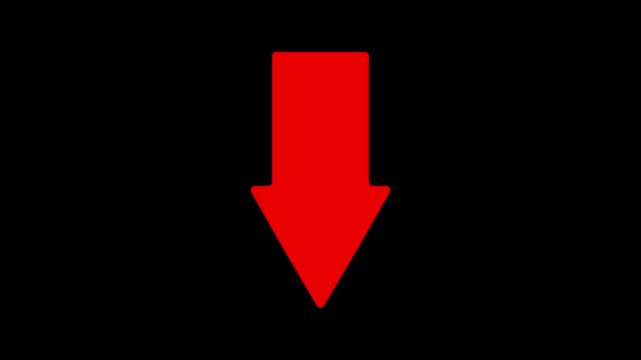 Animated the red arrow instruction down on black background. Abstract down icon animation on transparent background.