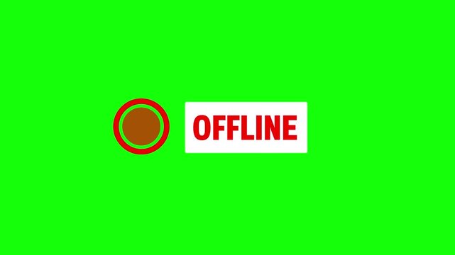 Abstract screen showing a small red blinking dot beside the OFFLINE text animation on green background. Red dot Offline status button indicating an inactive or disconnected status animation concepts