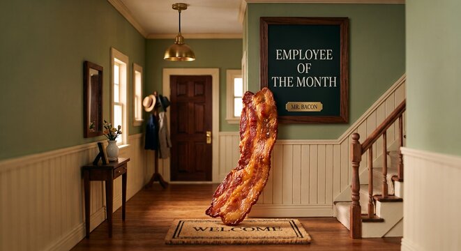 Giant crispy bacon strip with humorous mood sitting on a welcome mat representing "bring home the bacon" against a stylish miniature hallway entrance
