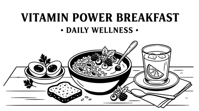 Very beautiful black and white vector of eggs, whole grains, berries, yogurt and orange juice arranged as a nutritious breakfast, VITAMIN POWER BREAKFAST &bull; DAILY WELLNESS, white background, no gradien