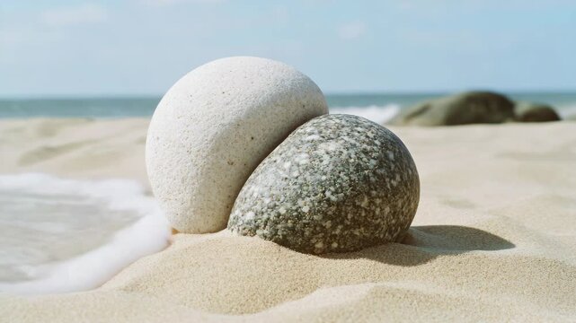 The seashells are scattered on the beach, with the ocean in the background.