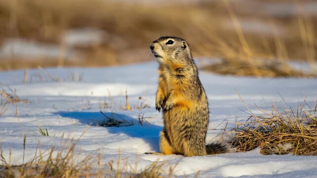 This features a small, adorable mammal, possibly a gopher or a similar rodent, standing upright on snow-covered ground. It appears to be a winter scene, with the animal as the central focus.