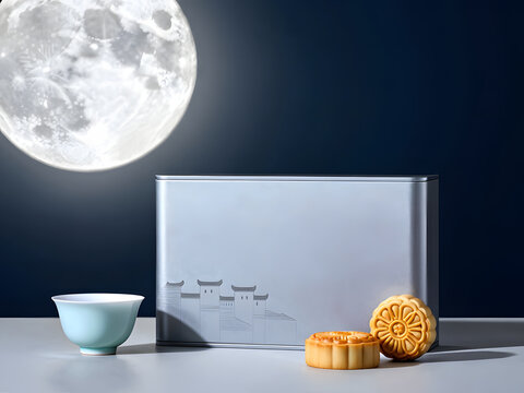 Mooncake and Tea Under Full Moon: A delectable mooncake and a delicate tea cup sit beside a gift box, bathed in the soft, ethereal glow of a full moon.