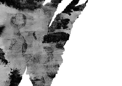墨絵・水墨画風のダイナミックな破れ紙・切り貼り背景・抽象的な和墨グラフィックと和紙テクスチャのモノクロ背景