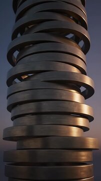 Rotating Metal Spiral Structure Looping Animation with Subtle Camera Movement. Abstract Design Element for Modern Architecture.