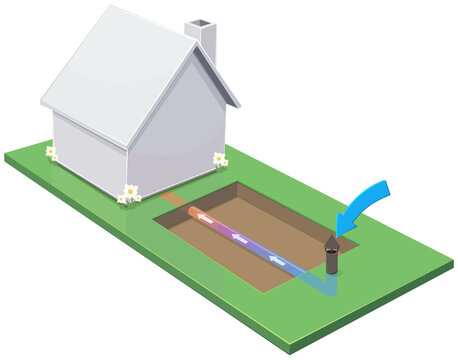 3D isometric house with ground earth air heat exchanger pipe showing winter preheating airflow, geothermal renewable energy, and passive sustainable ventilation (cut out)