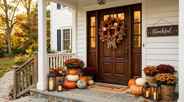 A warm and inviting thanksgiving scene a beautifully decorated porch welcomes guests with autumn's colors and festive cheer signaling a time for