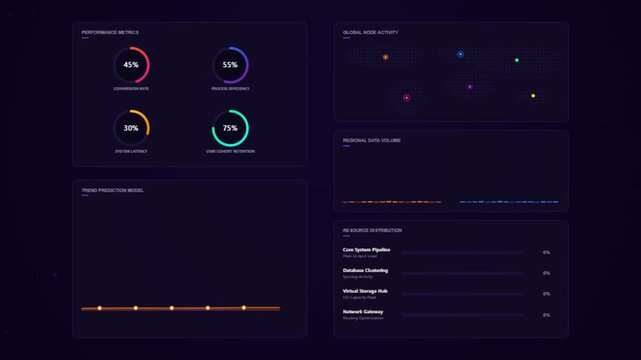 Futuristic data dashboard with circular progress charts. Dark UI analytics interface with colorful infographics. Digital business statistics panel.