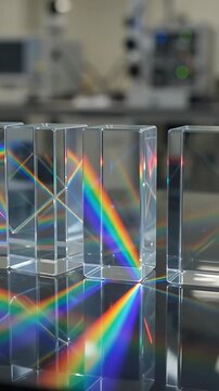 Prism Light Refraction Animation Displaying Vibrant Rainbow Colors and Optical Dispersion Effects in a Laboratory Setting.