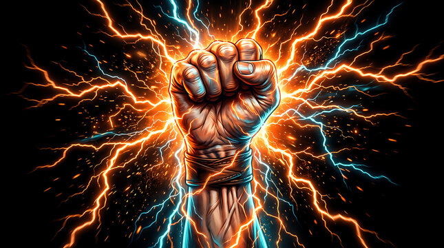 Powerful human fist clenched tightly radiates intense glowing electrical sparks of orange and cyan neon light