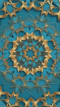 Animated Turquoise and Gold Geometric Patterns Seamlessly Looping. Abstract 3d Design with Intricate Floral Motifs.