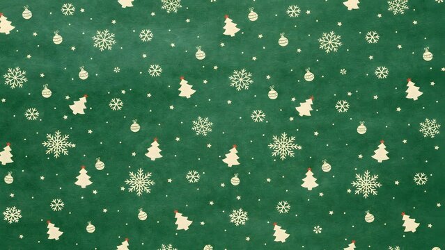 Merry Christmas green pattern background with white trees and snowflakes