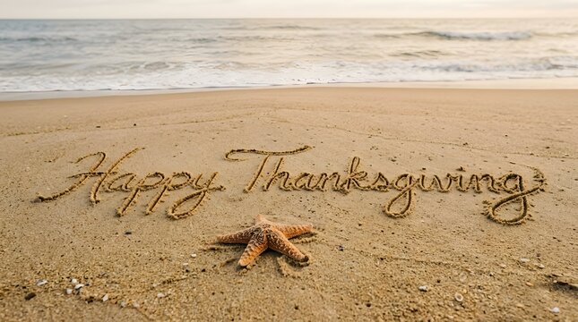 A serene beach scene displays the word 'thanksgiving' artfully written in the sand evoking feelings of gratitude and coastal autumn tranquility