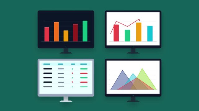 Business data dashboard animation, colorful financial charts on computer monitors, flat vector analytics interface for corporate reports